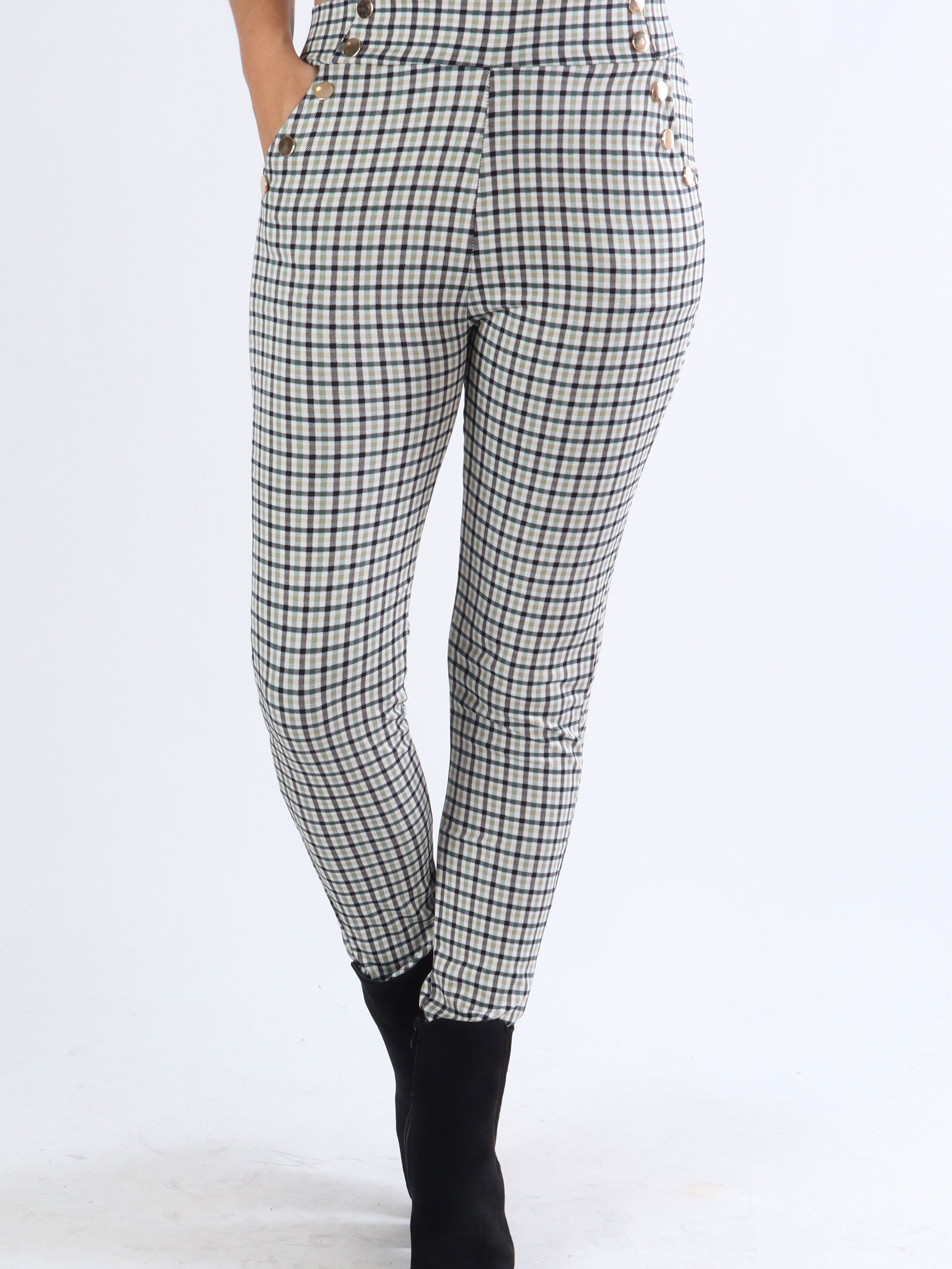 Selena - Rutiga elastiska byxor med guldknappar - Beige